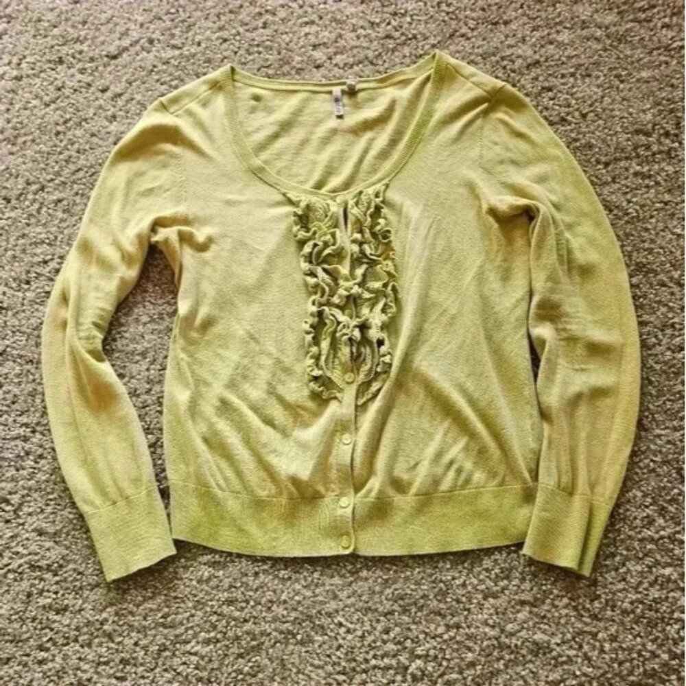 Caslon 100% Cotton Brat Green Lacey Ruffle Front Cardigan, Size Medium